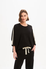 Oversized 3/4 Stripe Sleeve Tee - Black/Cream Stripe