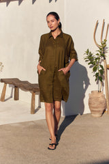 Oversized Linen Shirt Dress - Dark Moss