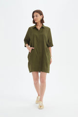 Oversized Linen Shirt Dress - Dark Moss