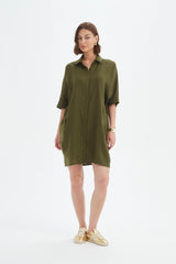 Oversized Linen Shirt Dress - Dark Moss