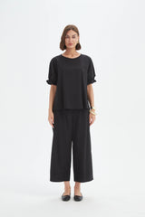 Ruffle Sleeve Lyocell Top - Black