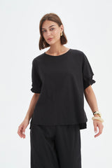 Ruffle Sleeve Lyocell Top - Black