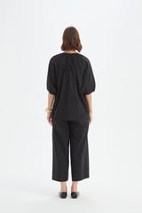 Gathered Notch Neck Top - Black