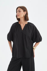 Gathered Notch Neck Top - Black