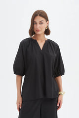 Gathered Notch Neck Top - Black