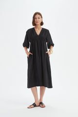 Puff Sleave Gather Front Dress - Black