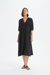Puff Sleave Gather Front Dress - Black