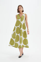 Inverted Pleat Poplin Dress - Chartreuse/White Spot