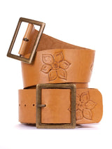 Fleur Hand Tooled Belt Wide Bronze T-Bar Buckle