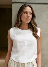 Linen Sleeveless Round Neck Top - White