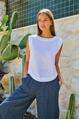 Linen Sleeveless Round Neck Top - White
