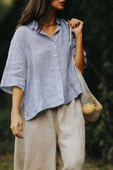 Montaigne Dion Short Sleeve Linen Shirt - Light Blue Fine Stripe