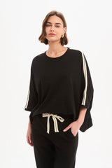 Oversized 3/4 Stripe Sleeve Tee - Black/Cream Stripe