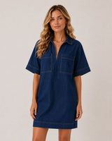 V Neck Denim Dress - Dark Denim