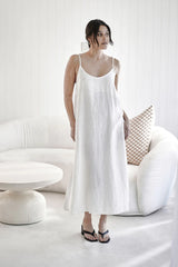 Fundamental Midi Linen Slip Dress -  White