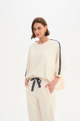 Oversized 3/4 Stripe Sleeve Tee - Cream/Navy Stripe