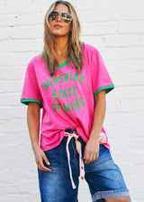 V-Neck Ringer Tee - Pink/Green