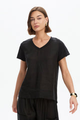 Cotton Contrast Trim Linen Top - Black