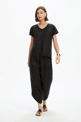 Cotton Contrast Trim Linen Top - Black