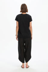 Cotton Contrast Trim Linen Top - Black