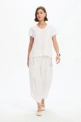 Cotton Contrast Trim Linen Top - White