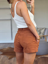 Country Denim Detailed Shorts w Flip Pocket - Tan