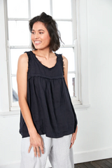 Frayed Italian Linen Summer Singlet - Black