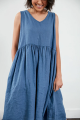 Montaigne Linen Sleeveless Dress - Blue Denim