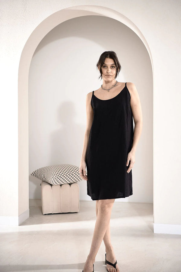 Fundamental Linen Slip Dress - Black
