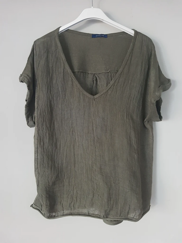 Plain Italian Linen T Shirt - Khaki- OS