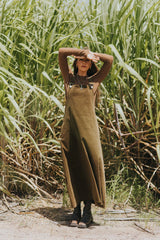 Corduroy Cotton Midi Overall Style Dress - Olive