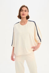 Oversized 3/4 Stripe Sleeve Tee - Cream/Navy Stripe