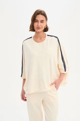 Oversized 3/4 Stripe Sleeve Tee - Cream/Navy Stripe