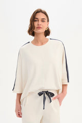Oversized 3/4 Stripe Sleeve Tee - Cream/Navy Stripe
