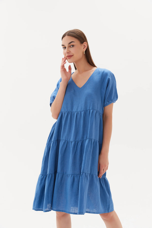 Tiered Linen Dress Coastal Blue