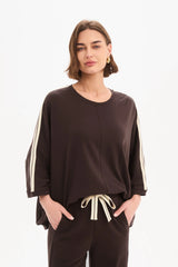Oversized 3/4 Stripe Sleeve Tee - Chocolate / Cream Stripe