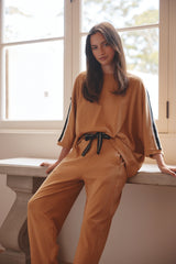 Oversized 3/4 Stripe Sleeve Tee - Cinnamon