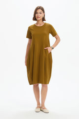 Short Sleeve Diagonal Seam Dress - Deep Gold