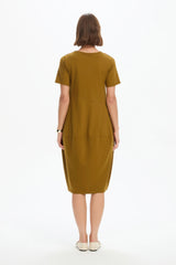 Short Sleeve Diagonal Seam Dress - Deep Gold