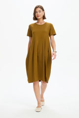 Short Sleeve Diagonal Seam Dress - Deep Gold