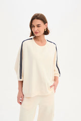Oversized 3/4 Stripe Sleeve Tee - Cream/Navy Stripe