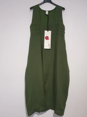 Linen Summer Dress - Elastic Back - F Green - OS