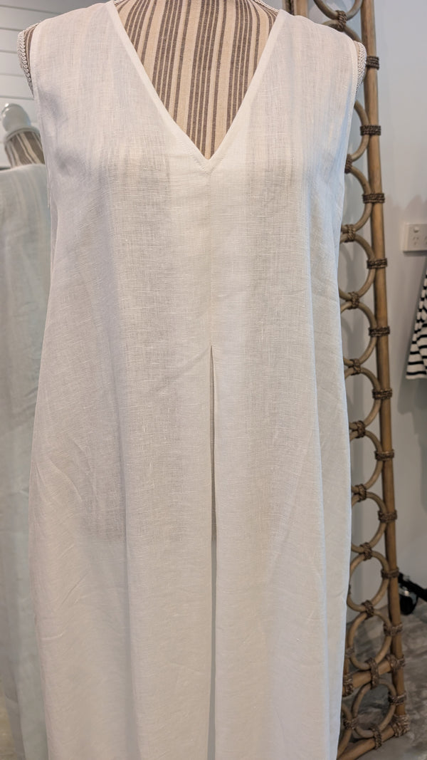 Inverted Pleat Linen  Dress - Cream