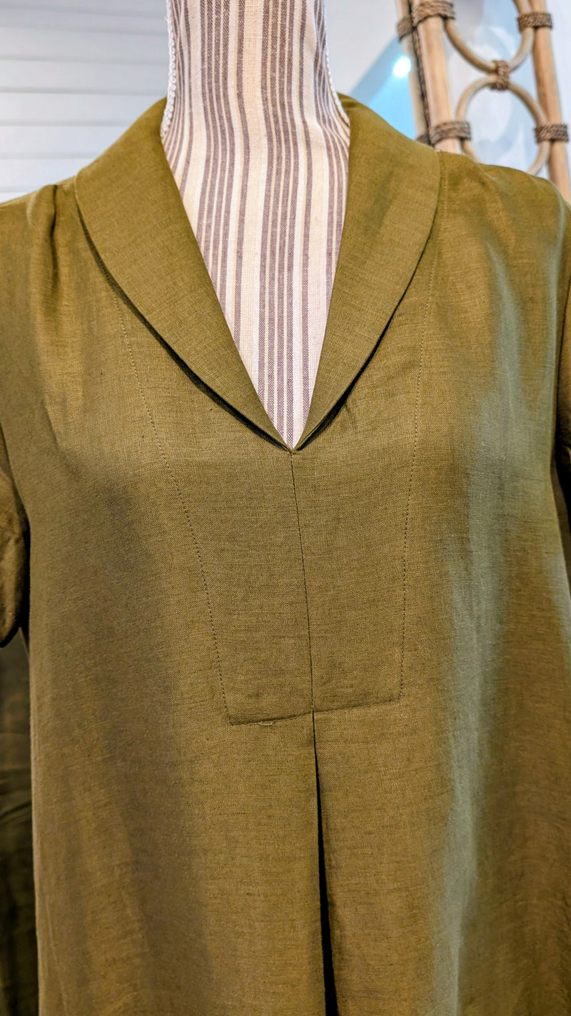 Shawl Collar Pleat Dress - Dark Moss