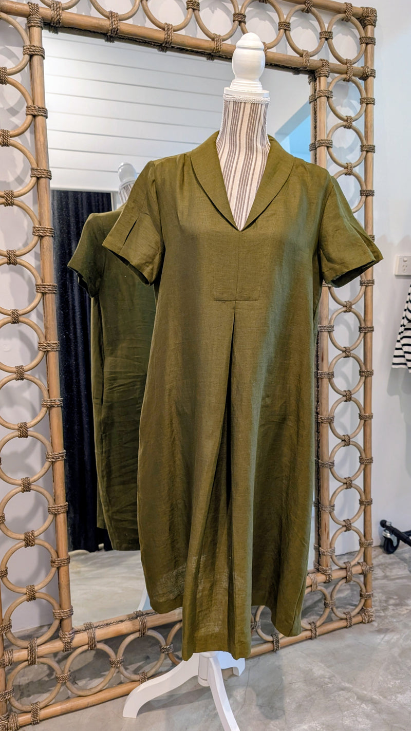Shawl Collar Pleat Dress - Dark Moss