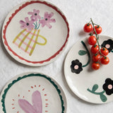 Lilac Heart/Teal Scallop Border Round Plate