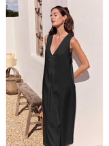 Inverted Pleat Linen  Dress - Black