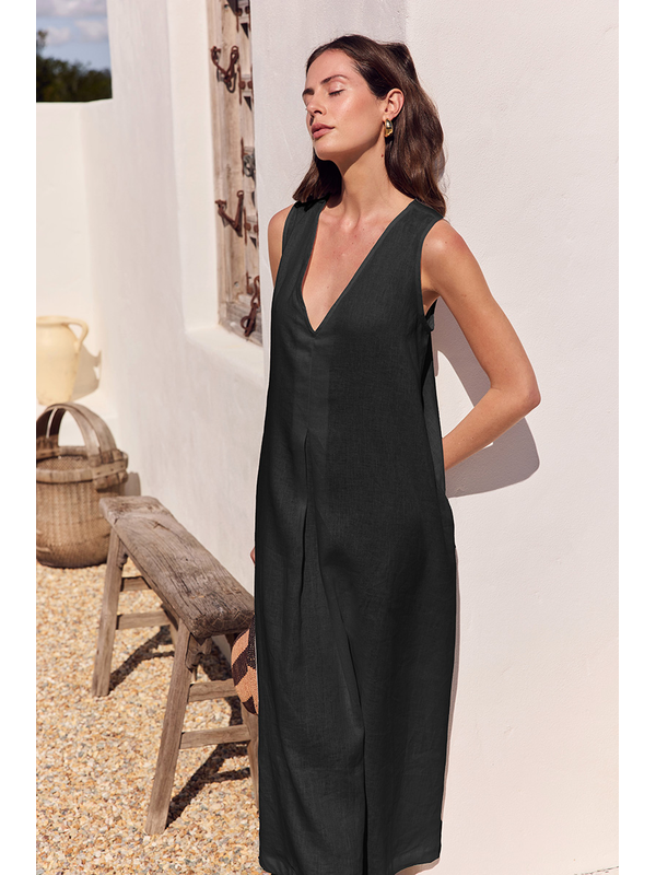Inverted Pleat Linen  Dress - Black
