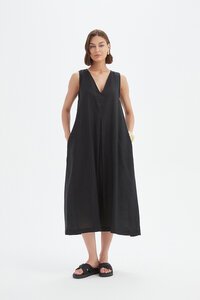 Inverted Pleat Linen  Dress - Black
