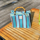 Nylon Mini Tote with Bamboo Handle - Ocean Breeze